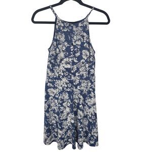 Fortune & Ivy Blue White Floral Summer Dress XS Womens Knee Length Mock Neck